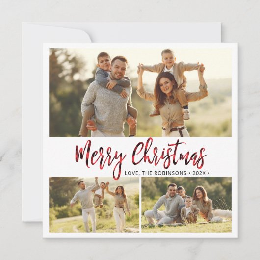 Eenvoudige Rode Buffel Plaid 3 Multi Photo Christm Feestdagenkaart (Voorkant)