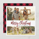 Eenvoudige Rode Buffel Plaid 3 Multi Photo Christm Feestdagenkaart<br><div class="desc">Rustiek Eenvoudig Rood Buffalo Plaid Script Modern 3 Fotocollage Kerst Kaarten. Deze minimalistische feestelijke kerstkaarten met meerdere foto's beschikken over 3 fotocollage, een "Merry Christmas" plaid begroetingstekst die is geschreven in een met de hand geletterd penseelscript lettertype lettertype. Aan de achterzijde zwart en rood buffel geruite patroon. Deze Custom Photo...</div>