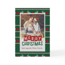 Eenvoudige rode en groene kerstgroet met foto