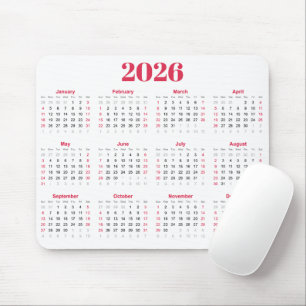 Eenvoudige rode en witte 2026 kalender muismat