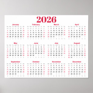 Eenvoudige rode en witte 2026 kalender poster