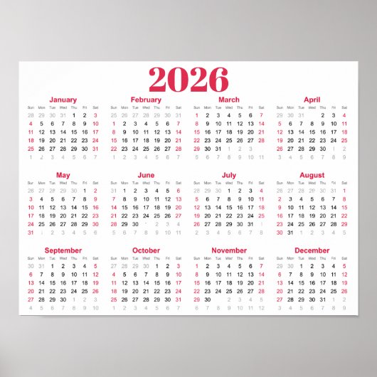 Eenvoudige rode en witte 2026 kalender poster (Voorkant)