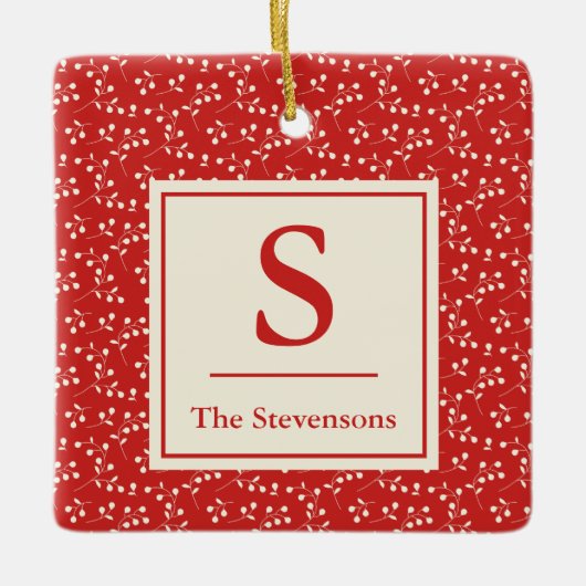Eenvoudige rode flacon monogram naam keramisch ornament (Voorkant)