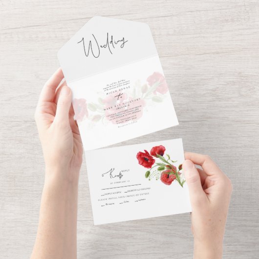 Eenvoudige Rode Floral Winter Wedding All In One Uitnodiging (Afscheurbaar)