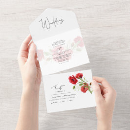 Eenvoudige Rode Floral Winter Wedding All In One Uitnodiging