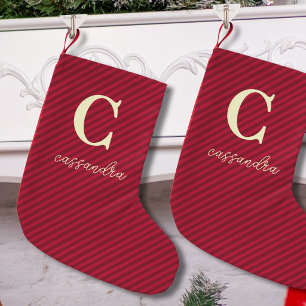 Eenvoudige Rode Gestreepte Monogram Naam Kleine Kerstsok
