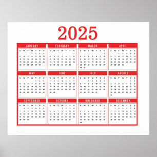 Eenvoudige Rode Kalender 2025 Poster