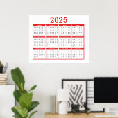 Eenvoudige Rode Kalender 2025 Poster (Thuiskantoor)