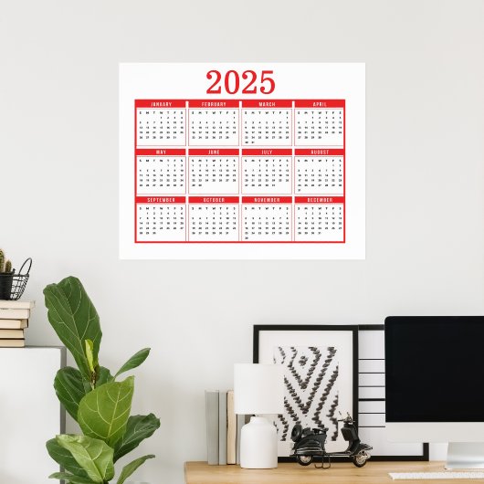 Eenvoudige Rode Kalender 2025 Poster (Thuiskantoor)