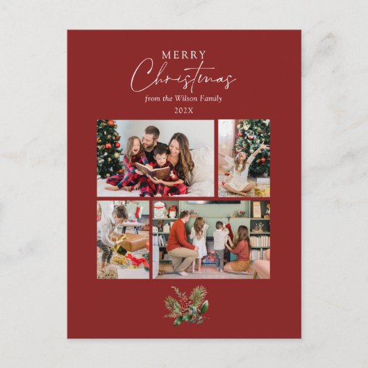 Eenvoudige Rode Kerst Botanische Fotocollage Feestdagenkaart (Voorkant)