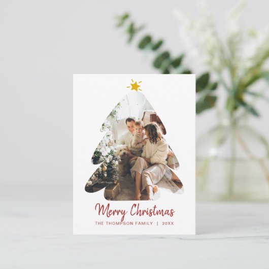 Eenvoudige rode kerstfoto Merry kerst Briefkaart (Staand voorkant)