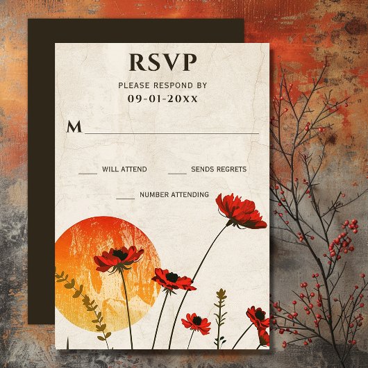 Eenvoudige rode klaprozen Boho Wildbloemen Zonsond RSVP Kaartje