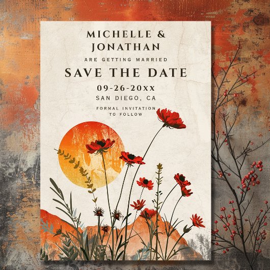 Eenvoudige rode klaprozen Boho Wildbloemen Zonsond Save The Date