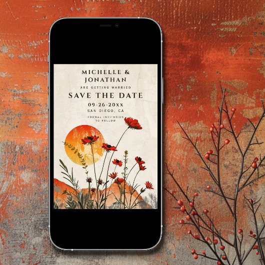 Eenvoudige rode klaprozen Boho Wildbloemen Zonsond Save The Date