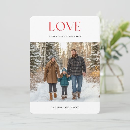 Eenvoudige rode liefde Valentijnsdag familie foto  Feestdagenkaart (Staand voorkant)