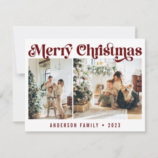 Eenvoudige rode minimalistische retro kerst twee f feestdagenkaart (Voorkant)