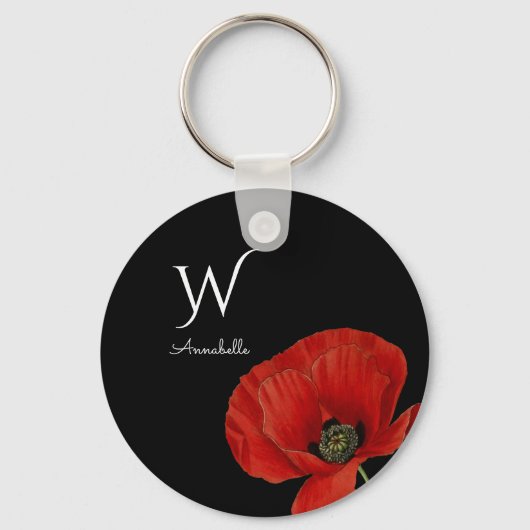 Eenvoudige rode papaver op zwart met monogram sleutelhanger (Voorkant)