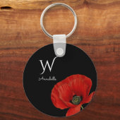 Eenvoudige rode papaver op zwart met monogram sleutelhanger (Voorkant)