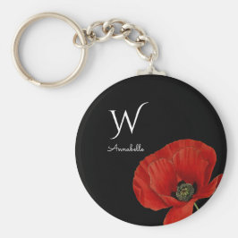 Eenvoudige rode papaver op zwart met monogram sleutelhanger