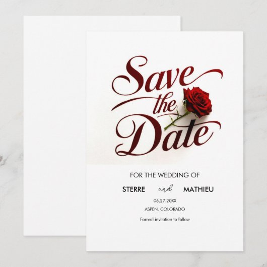 Eenvoudige rode roos bruiloft save the date (Voorkant / Achterkant)