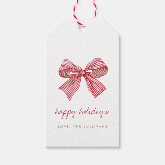 Eenvoudige Rode Snoep Stripe Bow Christmas Cadeaulabel (Voorkant)