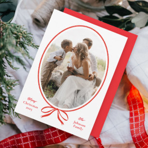 Eenvoudige Rode Strik Ovaal Foto Kerstmis Feestdagenkaart