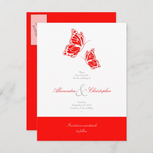Eenvoudige rode vlinders slaan de datum van de bru aankondigingskaart (Voorkant / Achterkant)