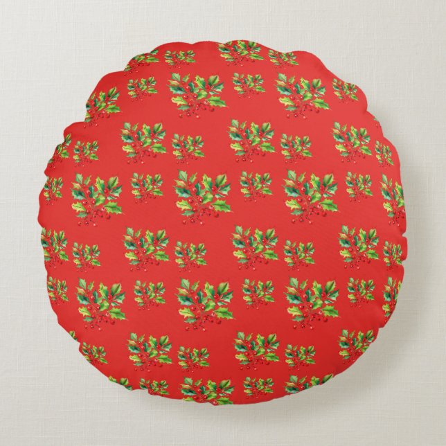 Eenvoudige rode Waterverf Holly Berries Xmas Patte Rond Kussen (Voorkant)