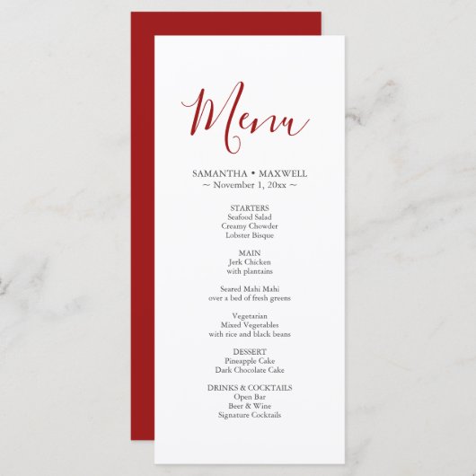 Eenvoudige Rode Weddenschapskaart Menu (Voorkant / Achterkant)