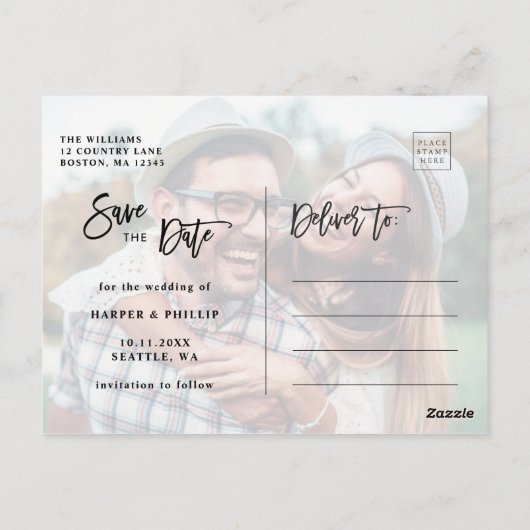 Eenvoudige Rode & Witte Foto sparen de Datum Briefkaart (Achterkant)