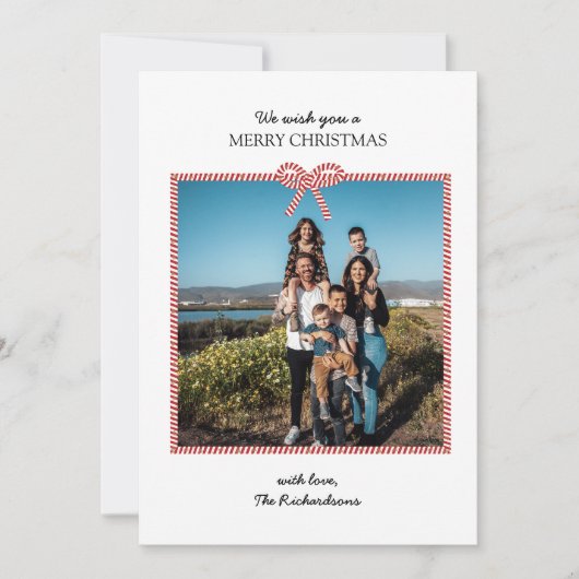 Eenvoudige rode witte streep boog foto kerst Kaart (Voorkant)