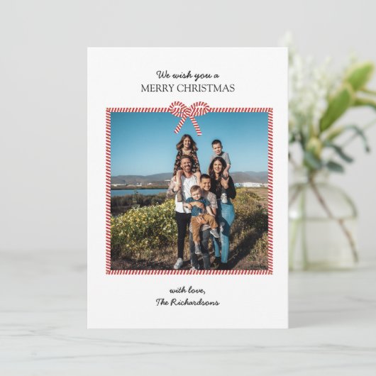 Eenvoudige rode witte streep boog foto kerst Kaart (Staand voorkant)