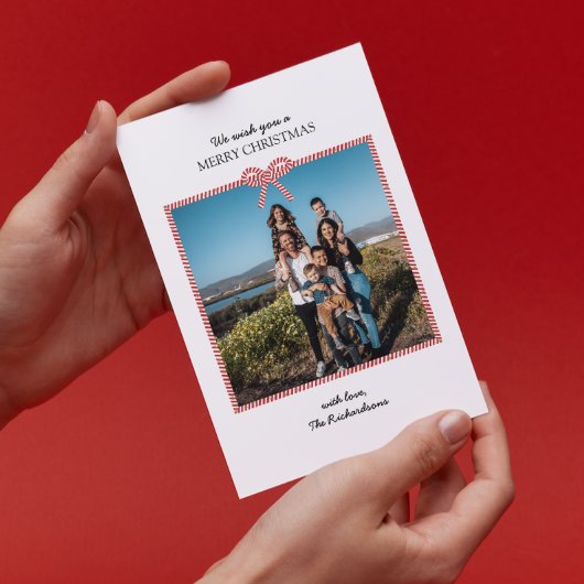 Eenvoudige rode witte streep boog foto kerst Kaart