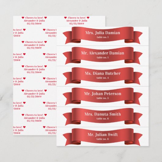 Eenvoudige rode zijde lint banner bruiloft plaats kaart (Voorkant / Achterkant)