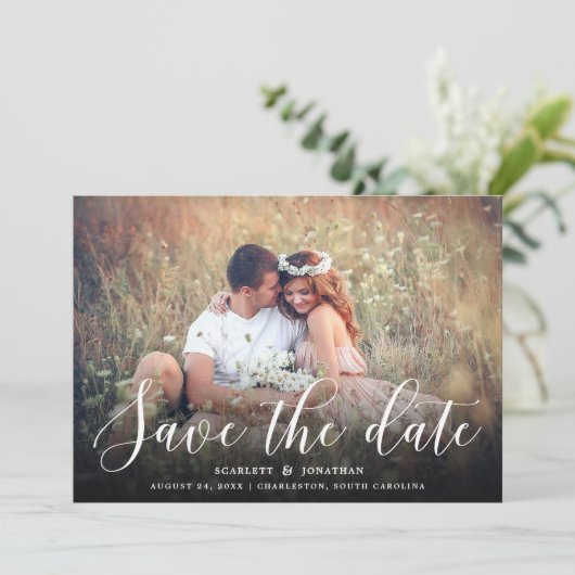 Eenvoudige Romance Elegant Typografie Foto | wit Save The Date (Staand voorkant)