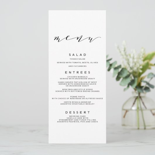 Eenvoudige Romance kalligrafie bruiloft menu (Staand voorkant)
