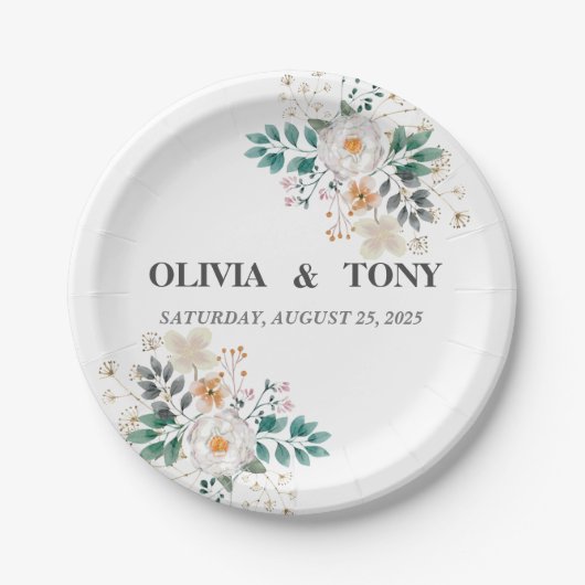 Eenvoudige Romantische Bloemige Bruiloft Papieren Bordje (Voorkant)