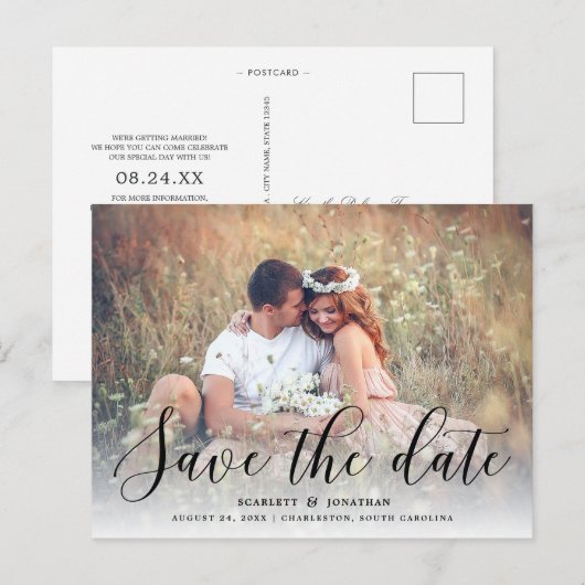 Eenvoudige romantische foto save the date | Zwart Aankondigingskaart (Voorkant / Achterkant)