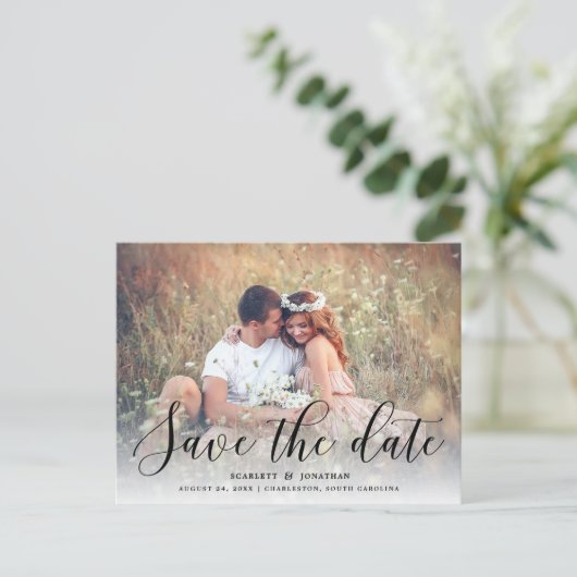 Eenvoudige romantische foto save the date | Zwart Aankondigingskaart (Staand voorkant)