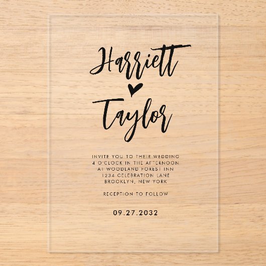 Eenvoudige Romantische Mooie Hart Script Bruiloft Acryl Uitnodigingen (Voorkant)