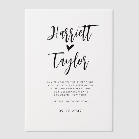 Eenvoudige Romantische Mooie Hart Script Bruiloft Vellum Uitnodigingen (Voorkant)
