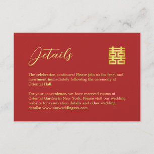 Eenvoudige rood goud moderne Chinese bruiloft deta Informatiekaartje