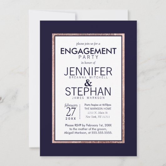 Eenvoudige Roos Gold-gelinkte marineblauw Engageme Kaart (Voorkant)