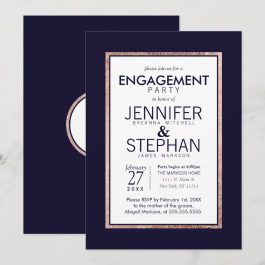 Eenvoudige Roos Gold-gelinkte marineblauw Engageme Kaart (Voorkant / Achterkant)