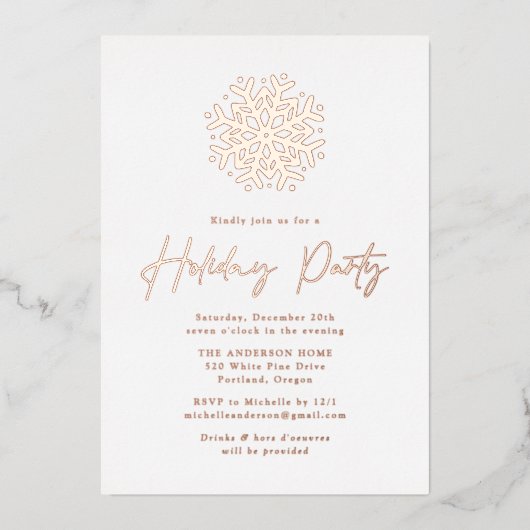 Eenvoudige Roos Gold Snowflake-feestdag Folie Uitnodiging (Voorkant)