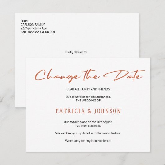 Eenvoudige roos gouden script bruiloft verandert d aankondigingskaart (Voorkant / Achterkant)