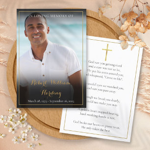 Eenvoudige rouwkaart met foto en gebed visitekaartje