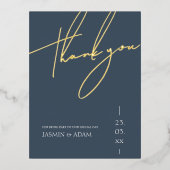 Eenvoudige Royal Blue Gold Script bruiloft dank u Folie Uitnodiging Briefkaart (Voorkant)