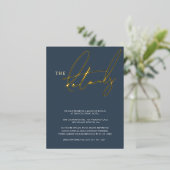 Eenvoudige Royal Blue Gold Script bruiloft details Folie Uitnodiging Briefkaart (Staand Voorkant)
