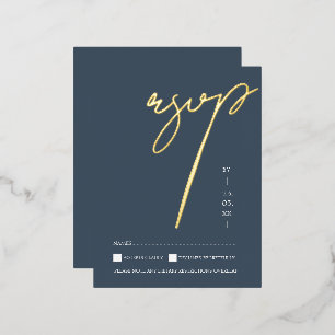 Eenvoudige Royal Blue Gold Script bruiloft RSVP Go Folie Uitnodiging Briefkaart